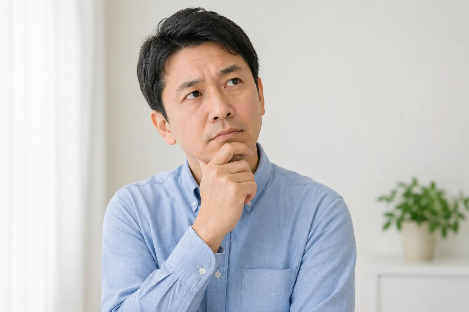 顎に手を当てて考え込む中年男性