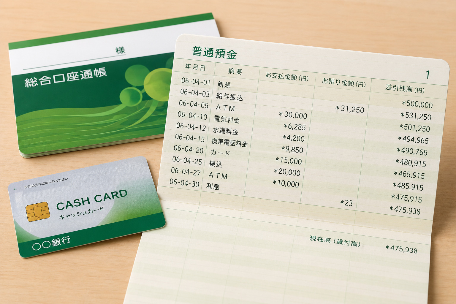 普通預金の取引明細が記帳された銀行の預金通帳とキャッシュカード