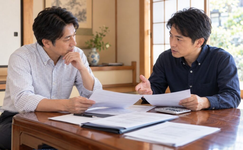 代償金の支払い方法を話し合う兄弟
