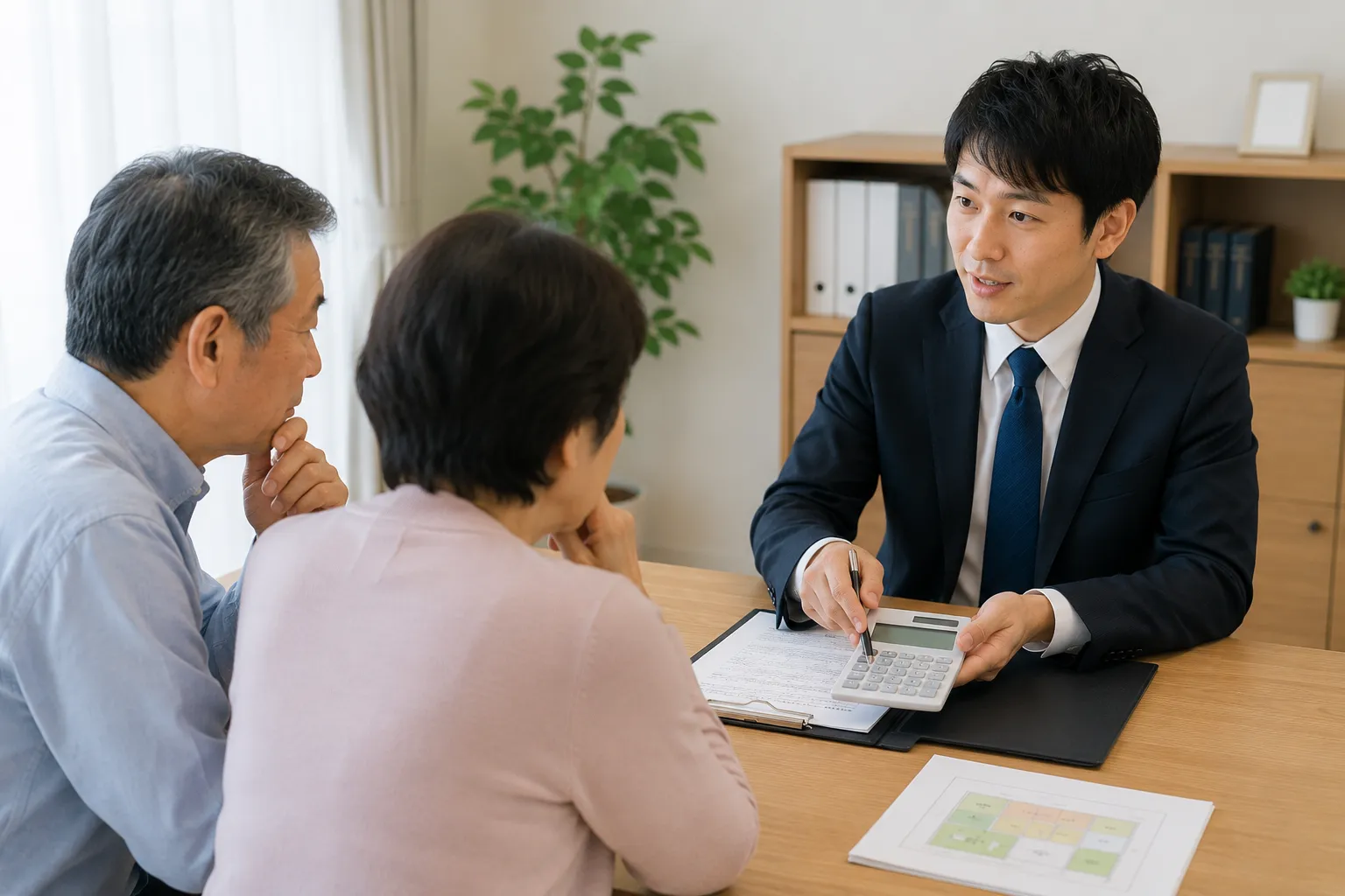 電卓を使って費用の説明を受けるシニア夫婦と男性担当者