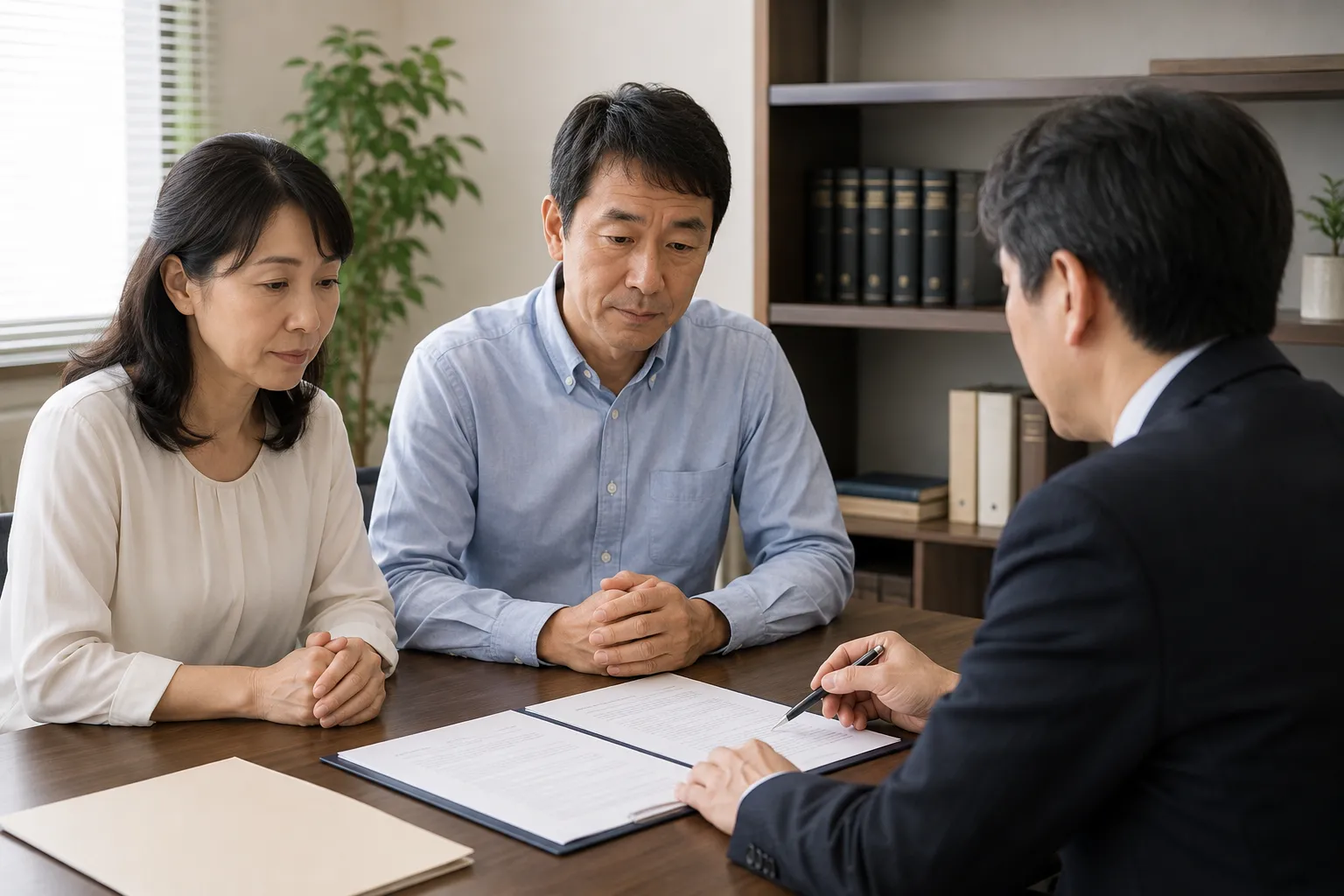 事務所で専門家から書類の説明を受ける夫婦