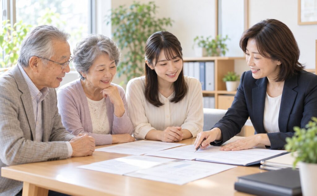 司法書士から孫養子の相続について説明を受ける祖父母と孫