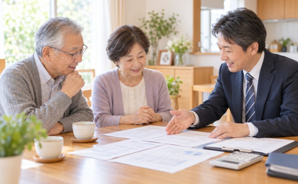 税理士から相続税の試算について説明を受ける高齢の夫婦
