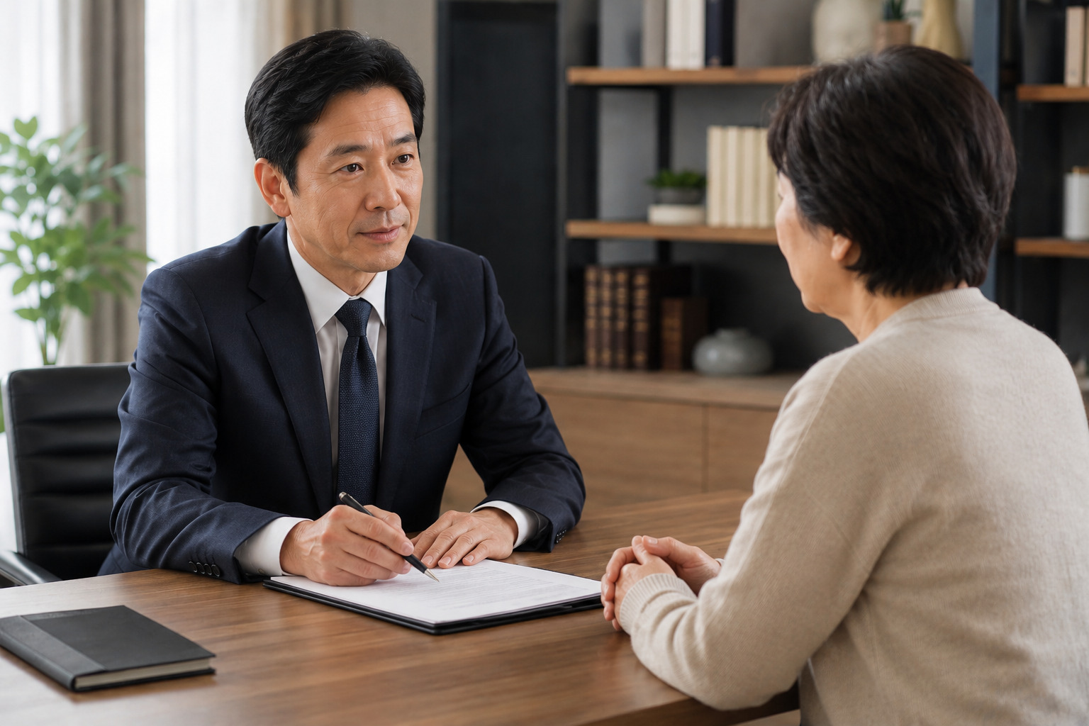 相続について書類を前に専門家へ相談する女性