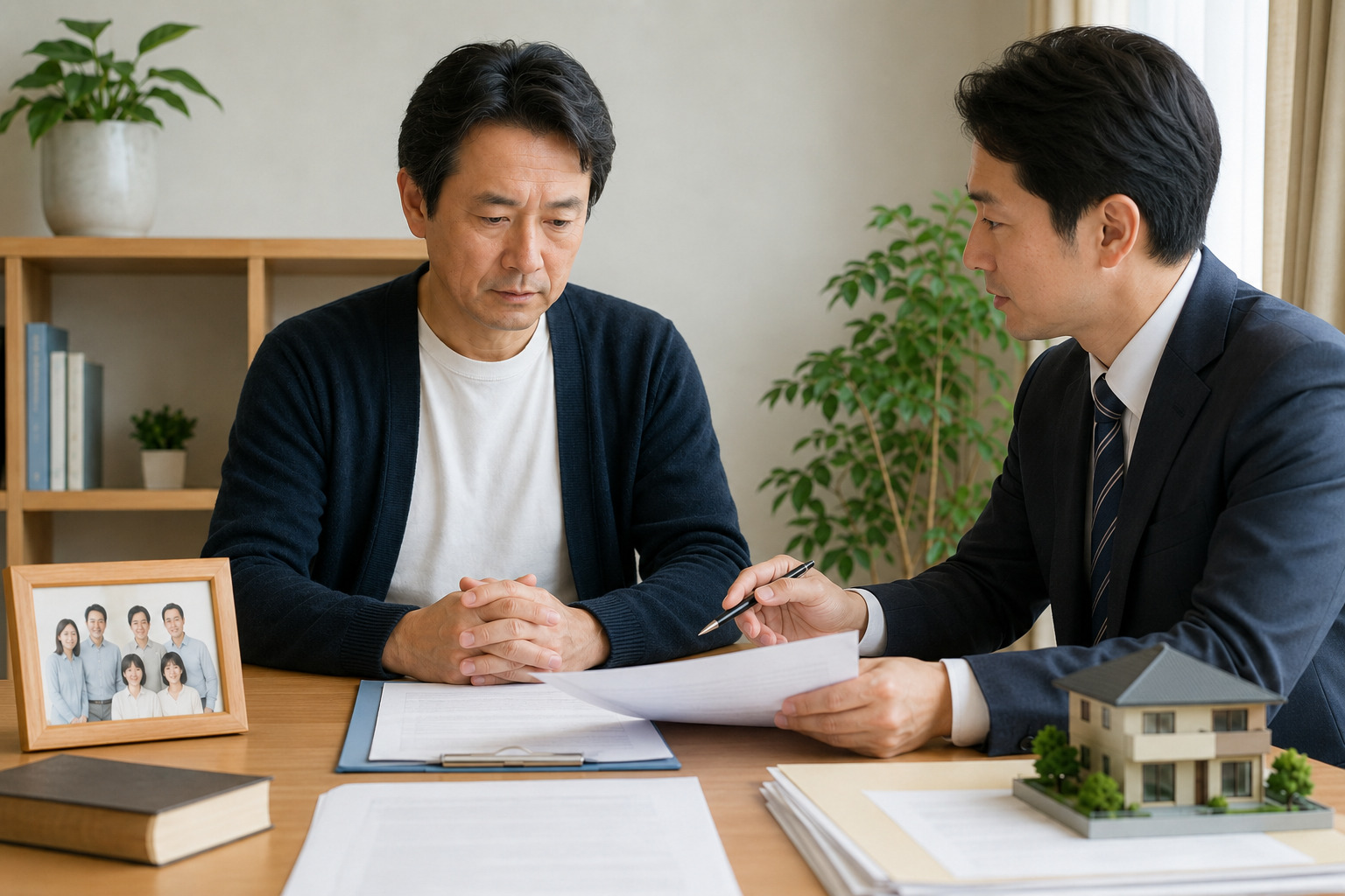 限定承認の手続きについて書類を見ながら専門家に相談する男性