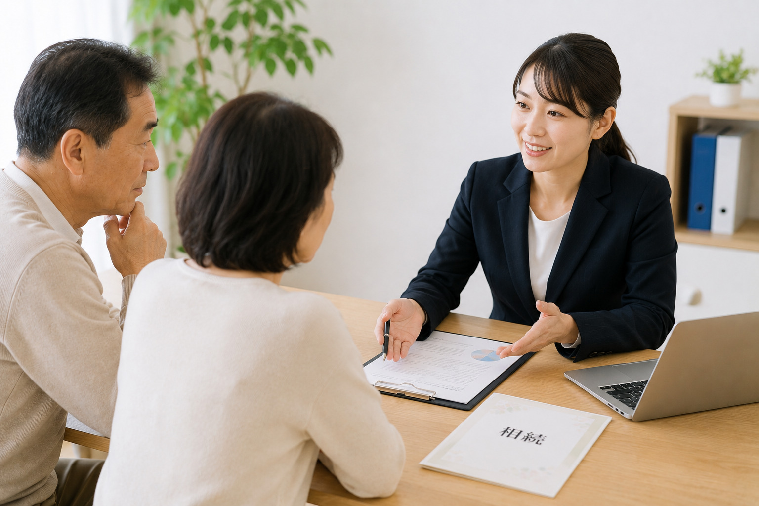 「相続」と書かれた資料を前に、スーツ姿の女性担当者がシニア夫婦に説明する相続相談の様子