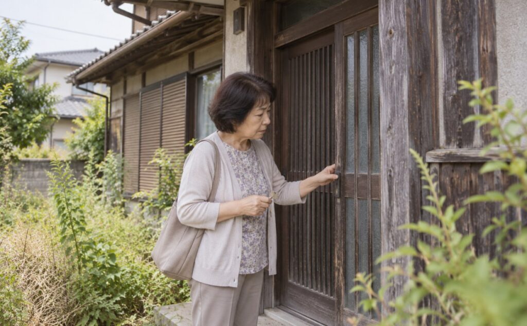 空き家の戸締まりを確認する女性