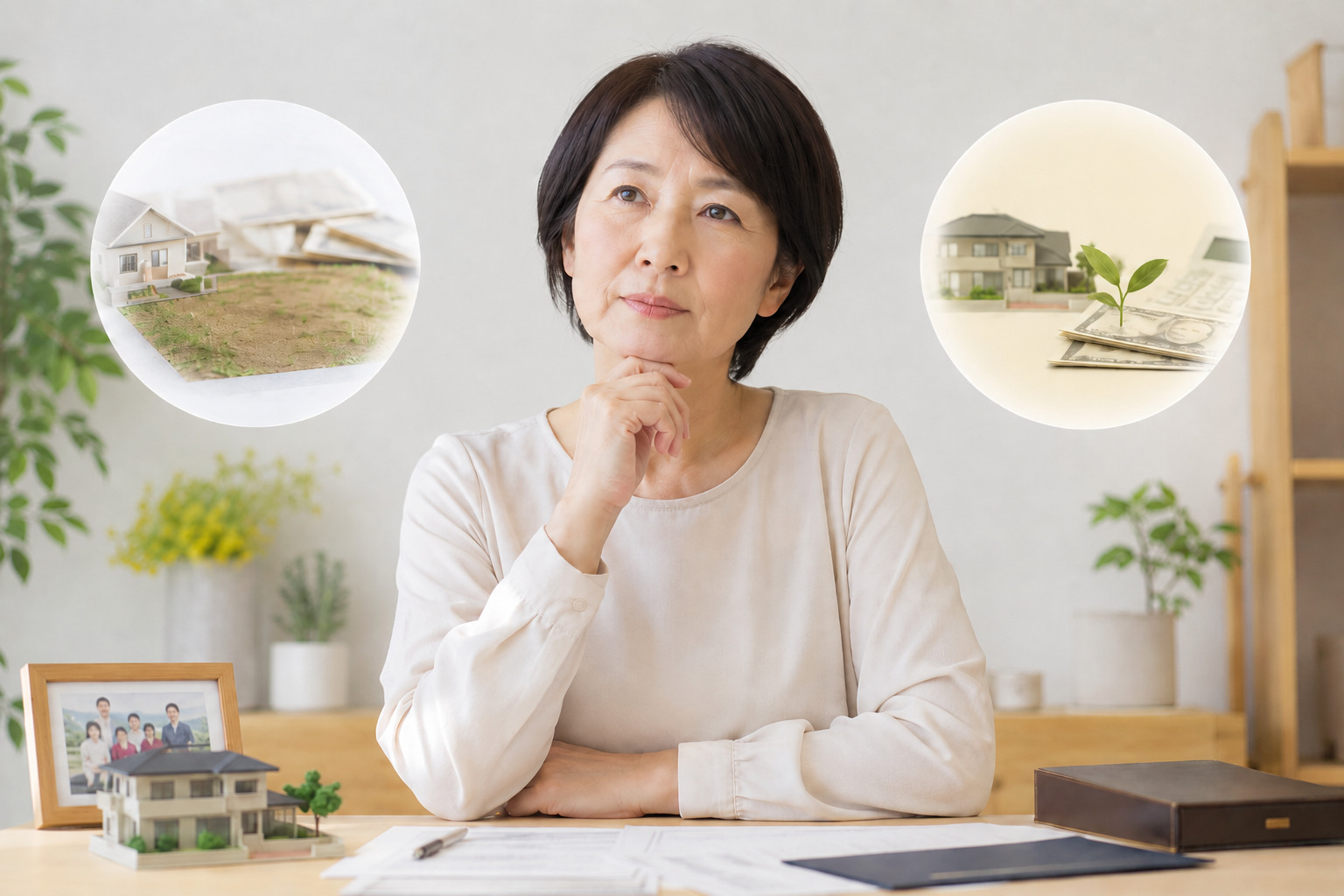 相続放棄と限定承認のどちらを選ぶか、負債と資産を思い浮かべながら考える女性