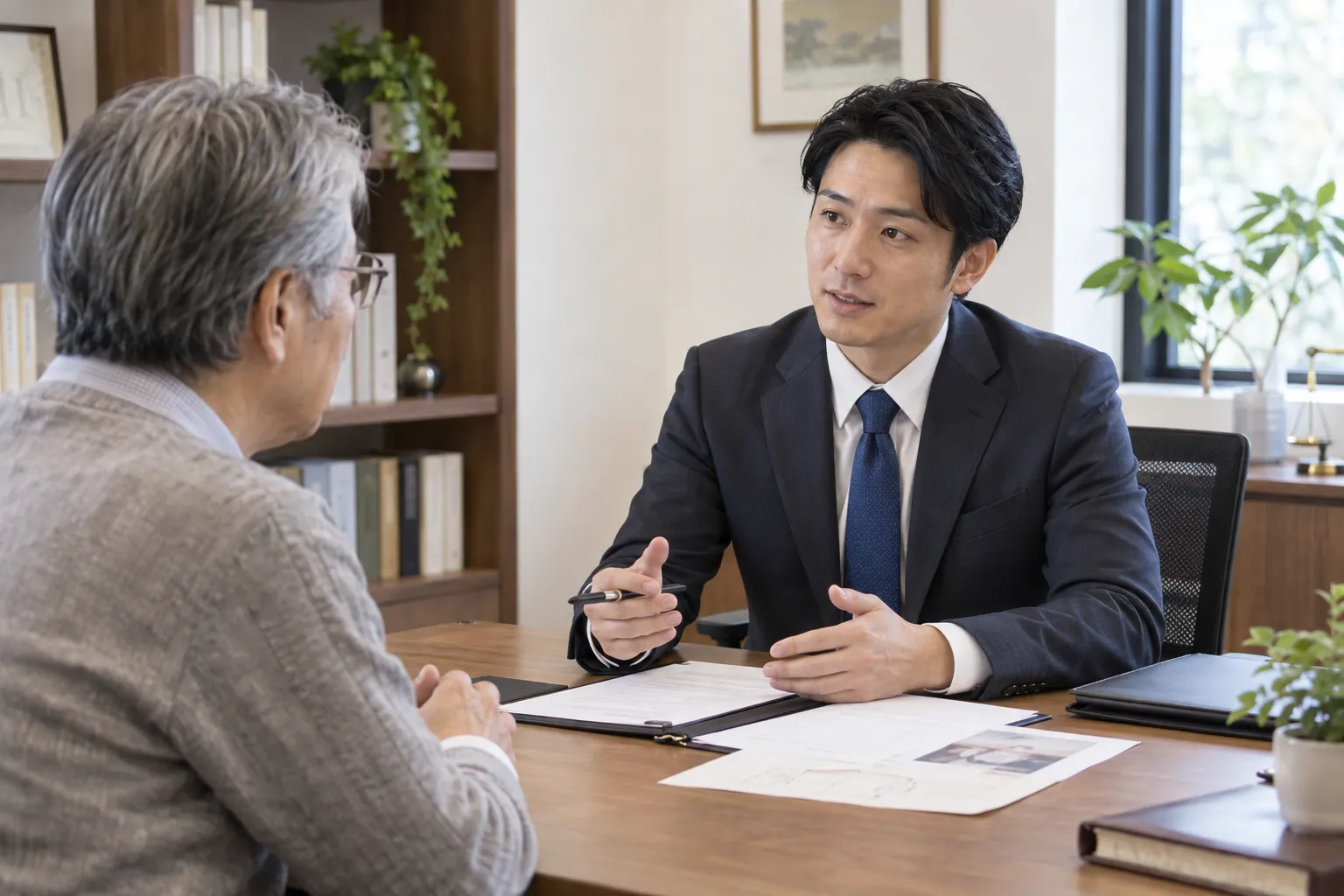 事務所で書類を前に相談者へ説明する男性の担当者
