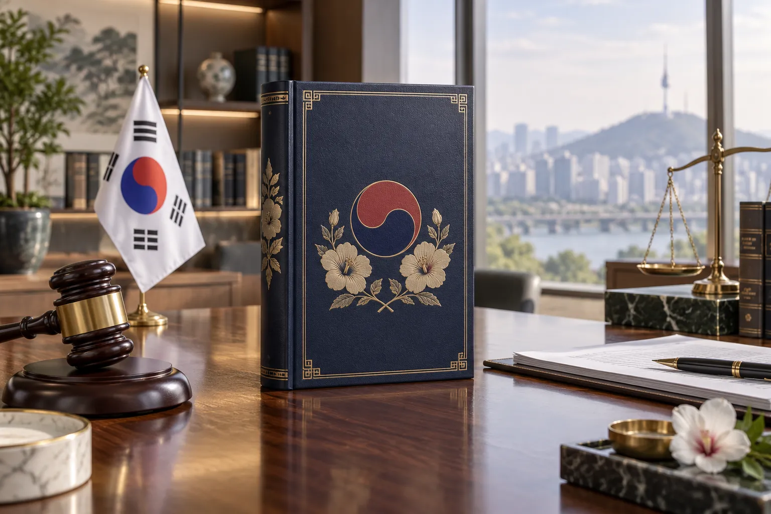法韓国の国旗と法律書、法槌や天秤を配した韓国の法制度のイメージ写真