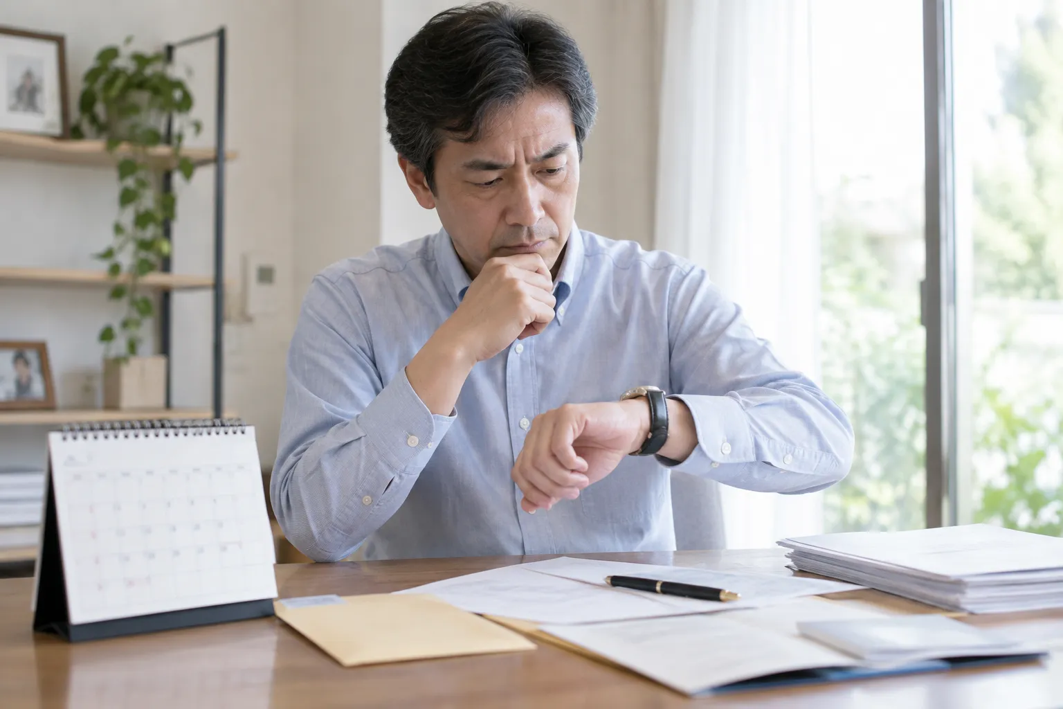 カレンダーと書類を前に腕時計を見て期限を気にする男性