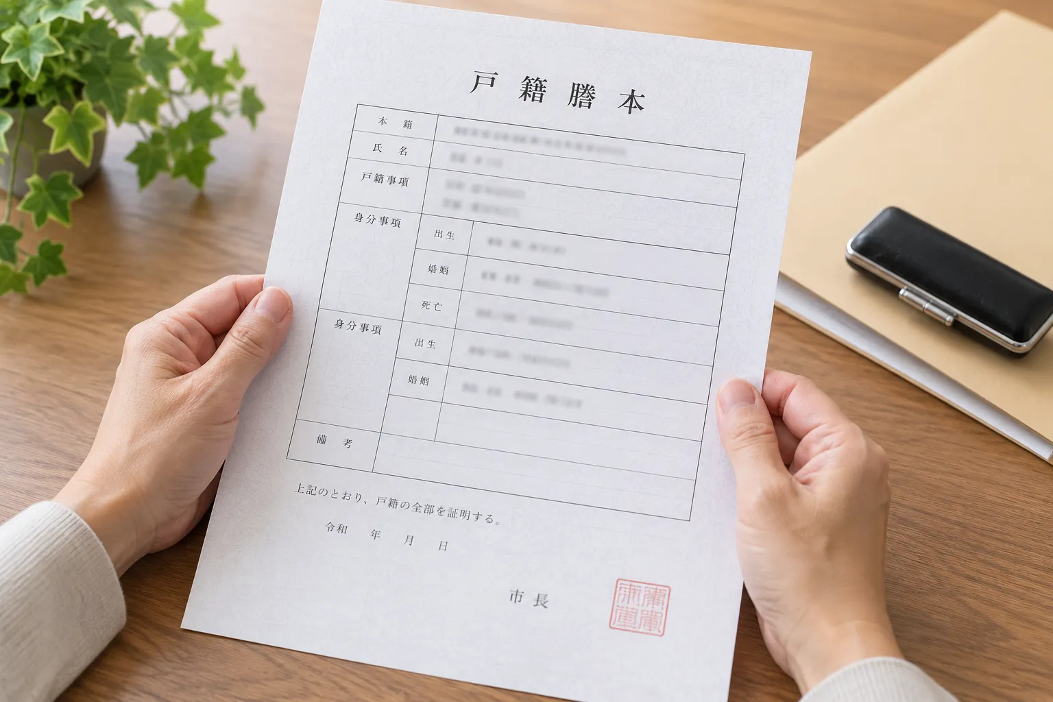 「戸籍謄本」と書かれた書類を両手で持つ手元