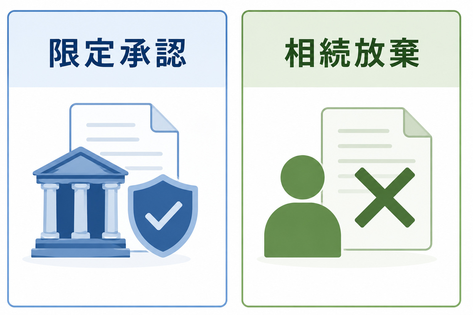 「限定承認」と「相続放棄」の違いをアイコンで対比した相続手続きの比較イラスト