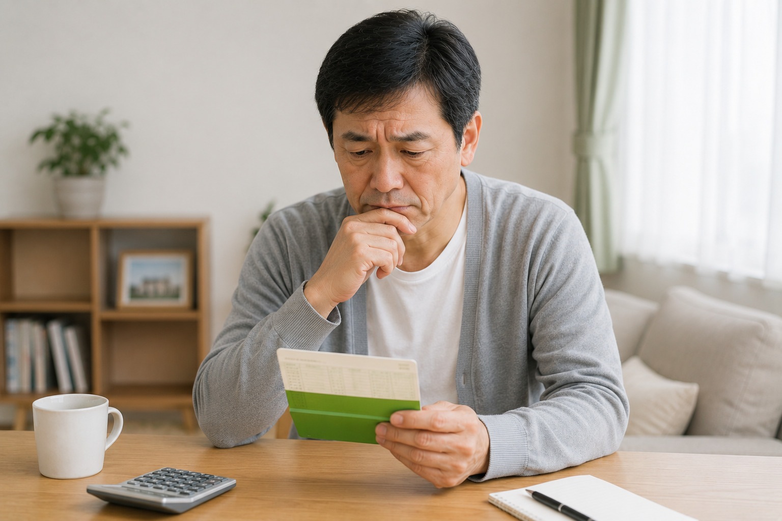 自宅で通帳を見ながら考え込むような表情を浮かべる中高年の男性