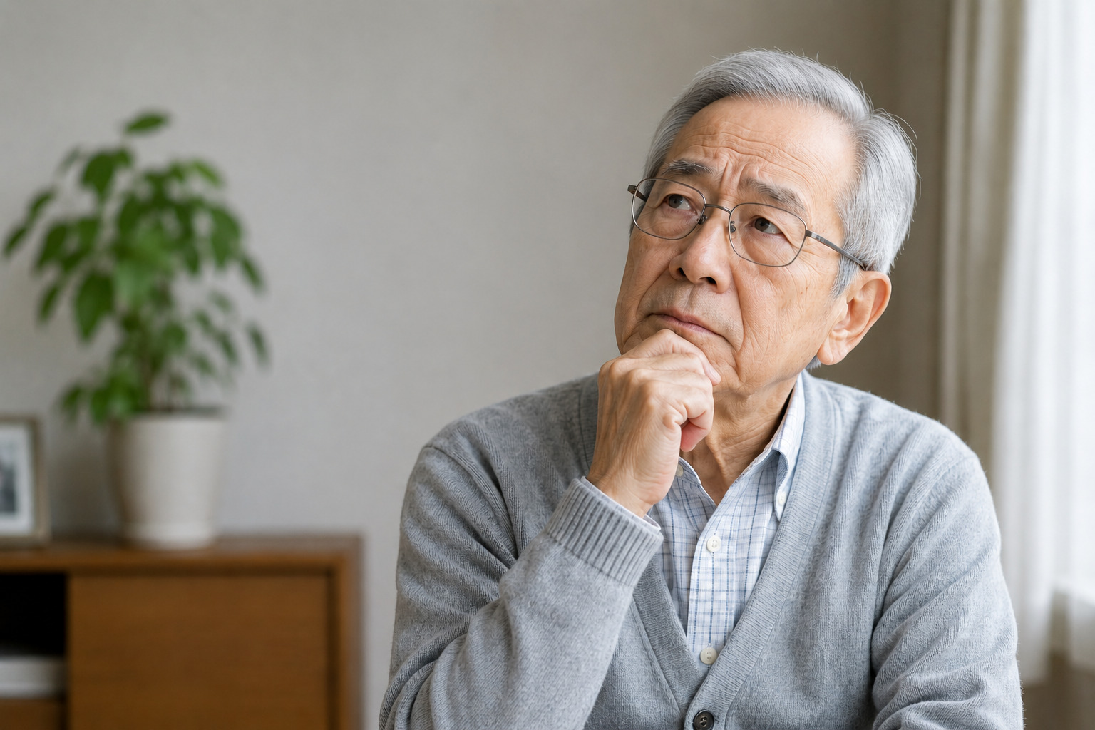 自宅であごに手を当て、考えごとをする表情のシニアの日本人男性