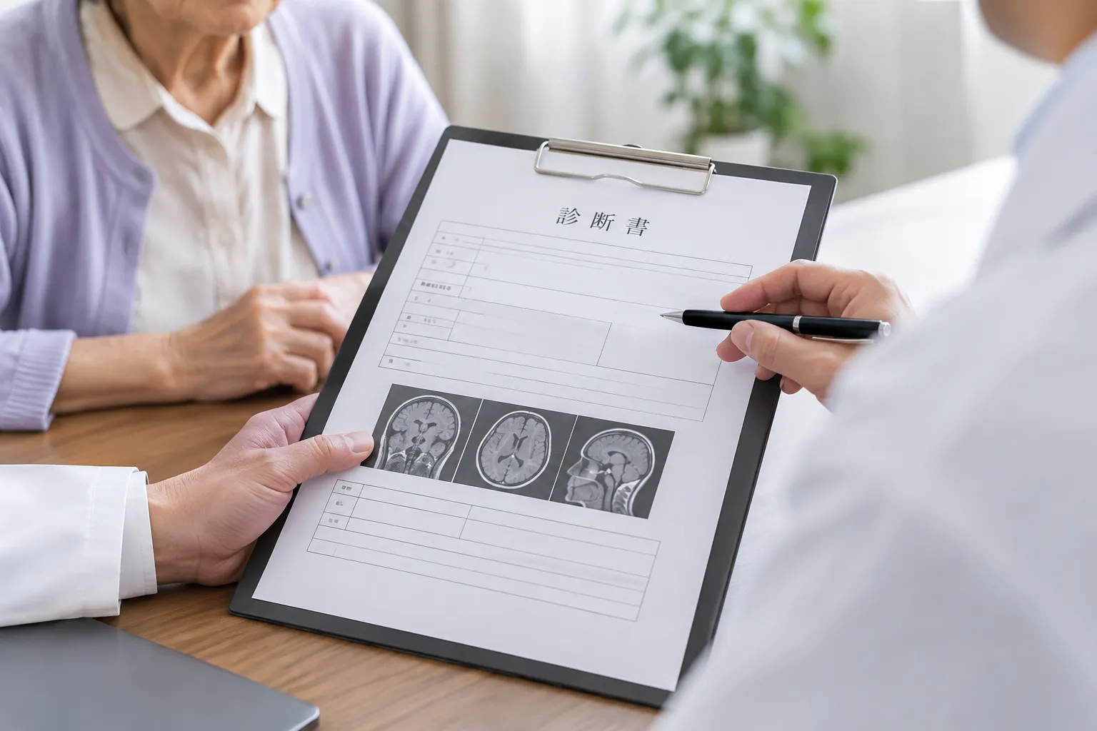 脳の画像が添えられた診断書を示しながら患者に説明する医師
