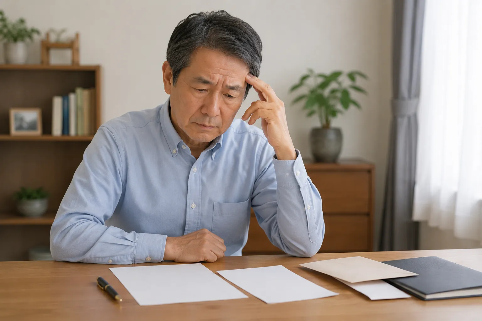書類を見ながら頭を抱えて悩む中高年の男性
