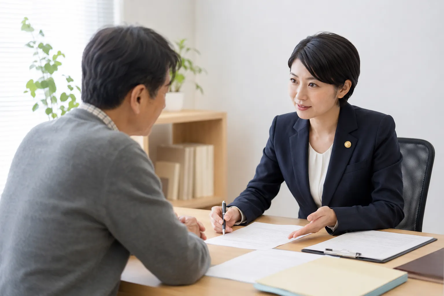 書類を示しながら男性相談者に説明する女性の専門家