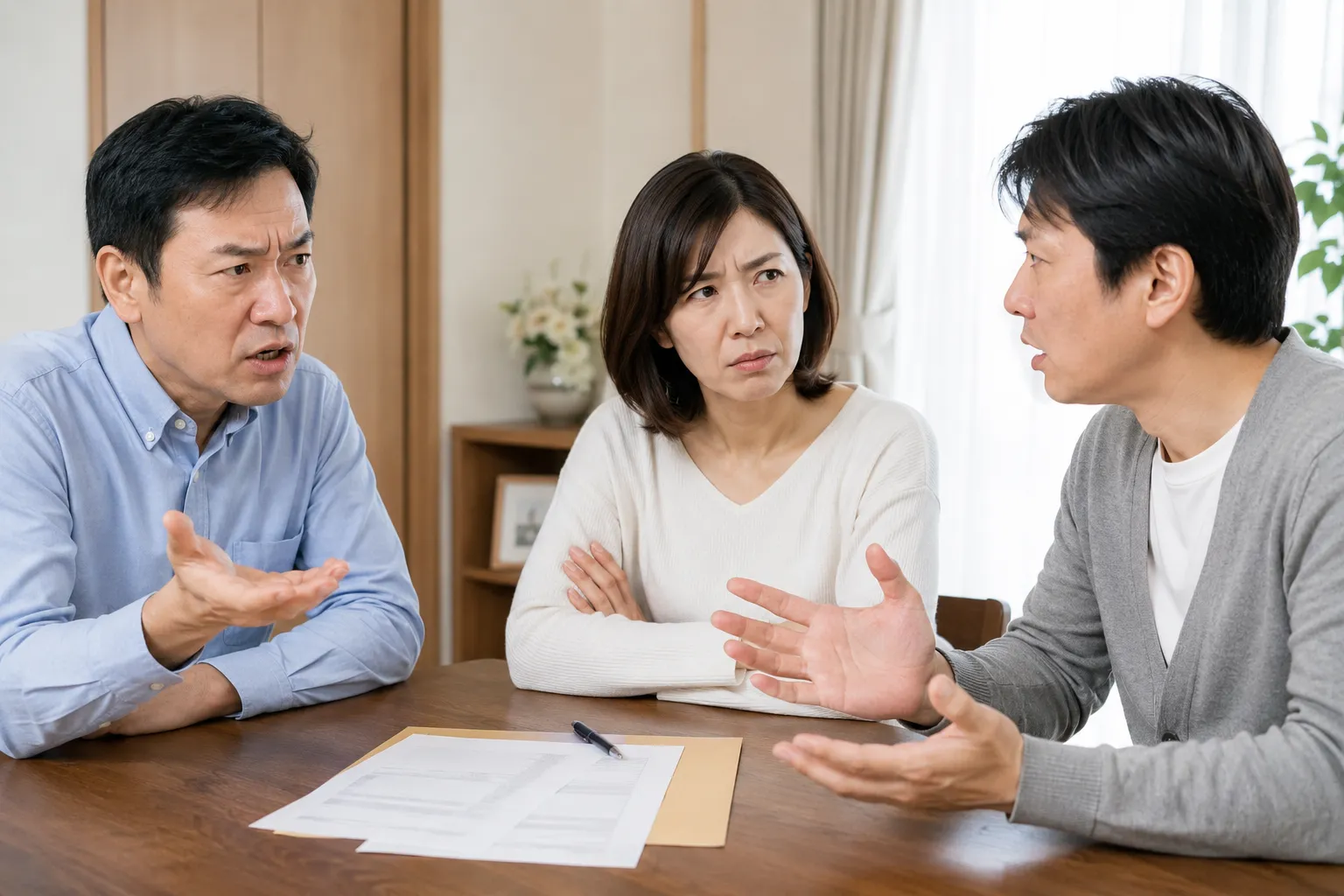 相書類を前に相続について言い争う家族3人
