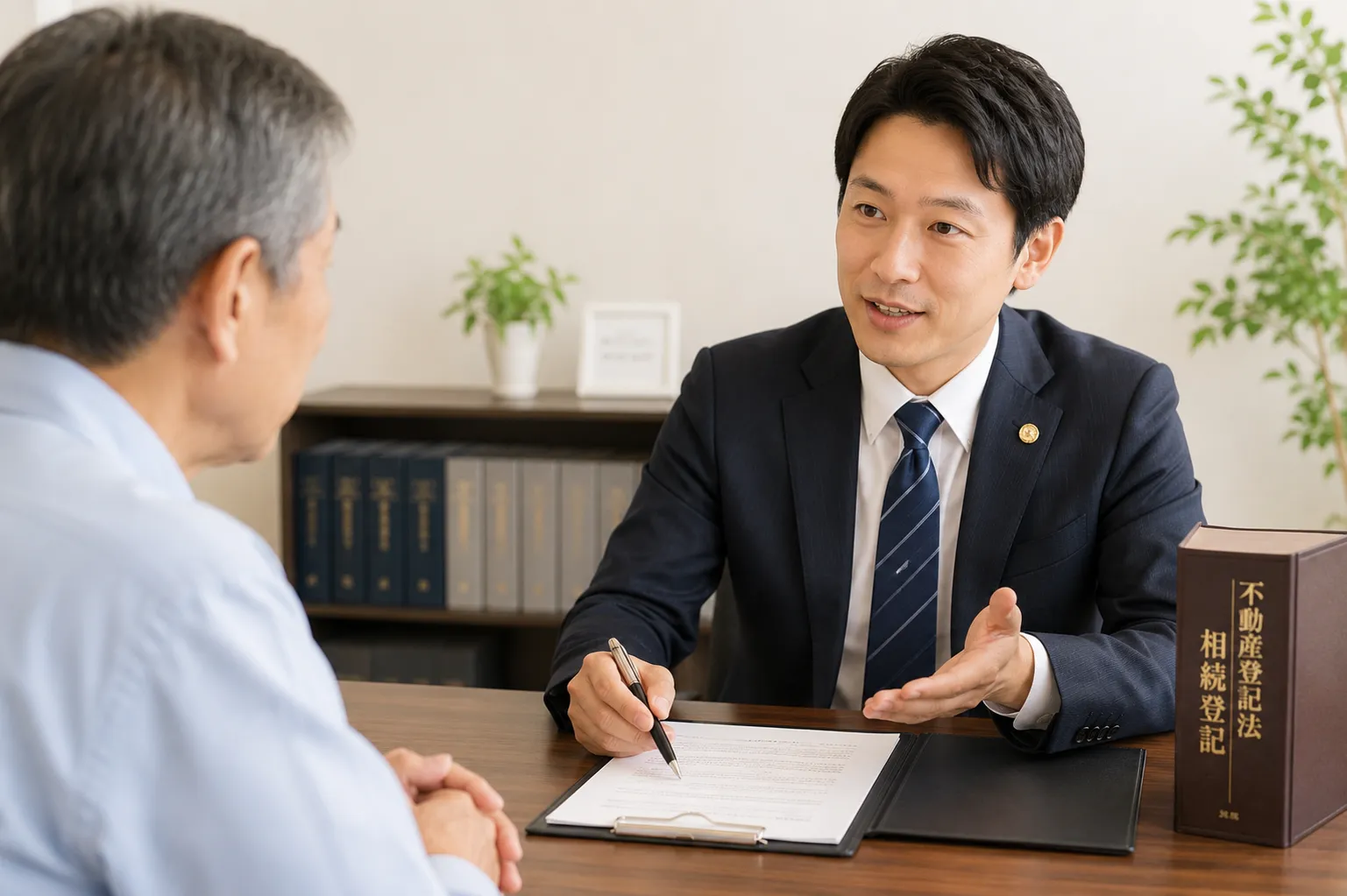 男性の相談者に説明する男性の司法書士