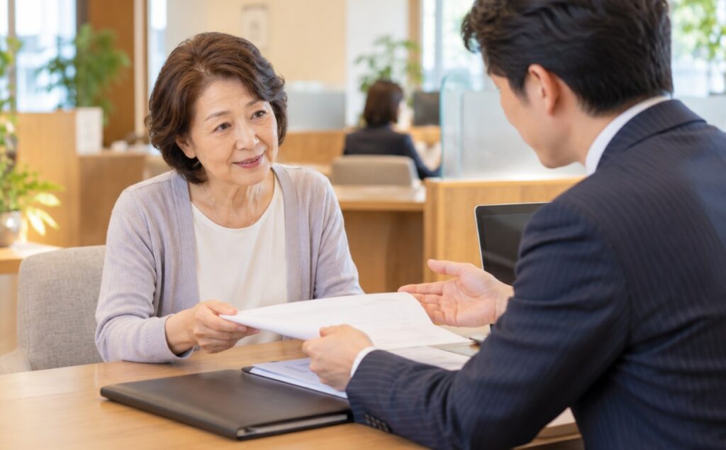 証券会社の窓口で株式の相続手続きの説明を受ける女性