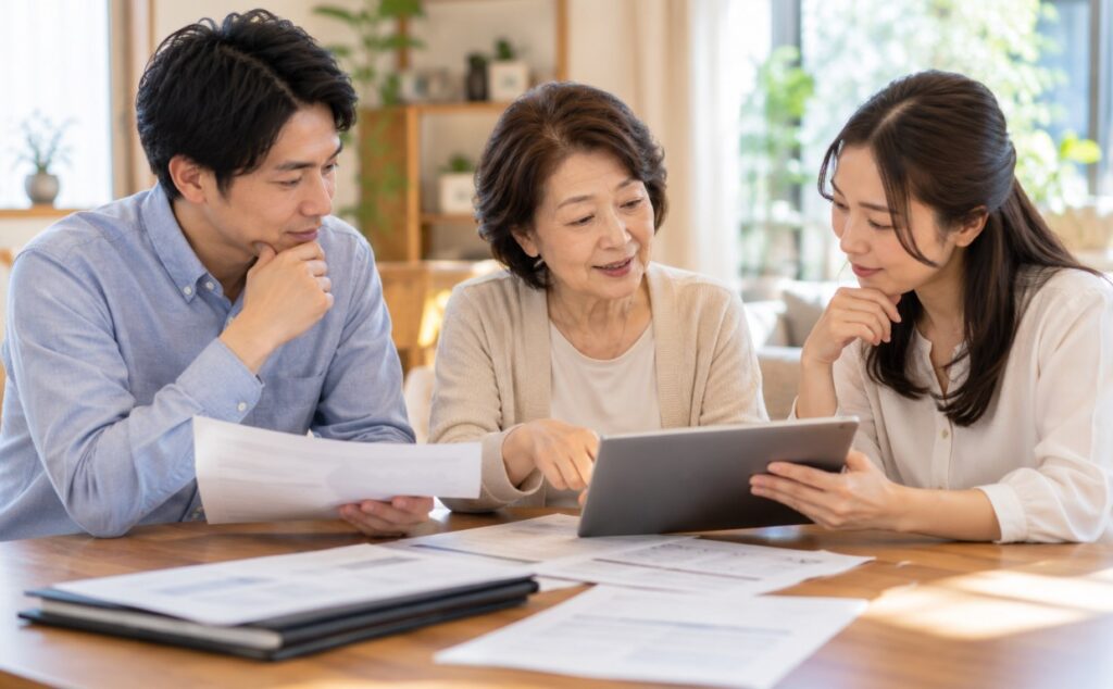 相続した株式の分け方を話し合う家族