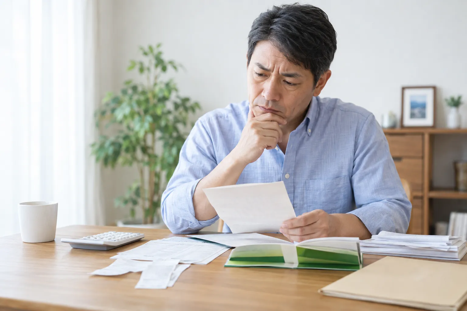 通帳や明細書を広げて書類を確認しながら考え込む男性