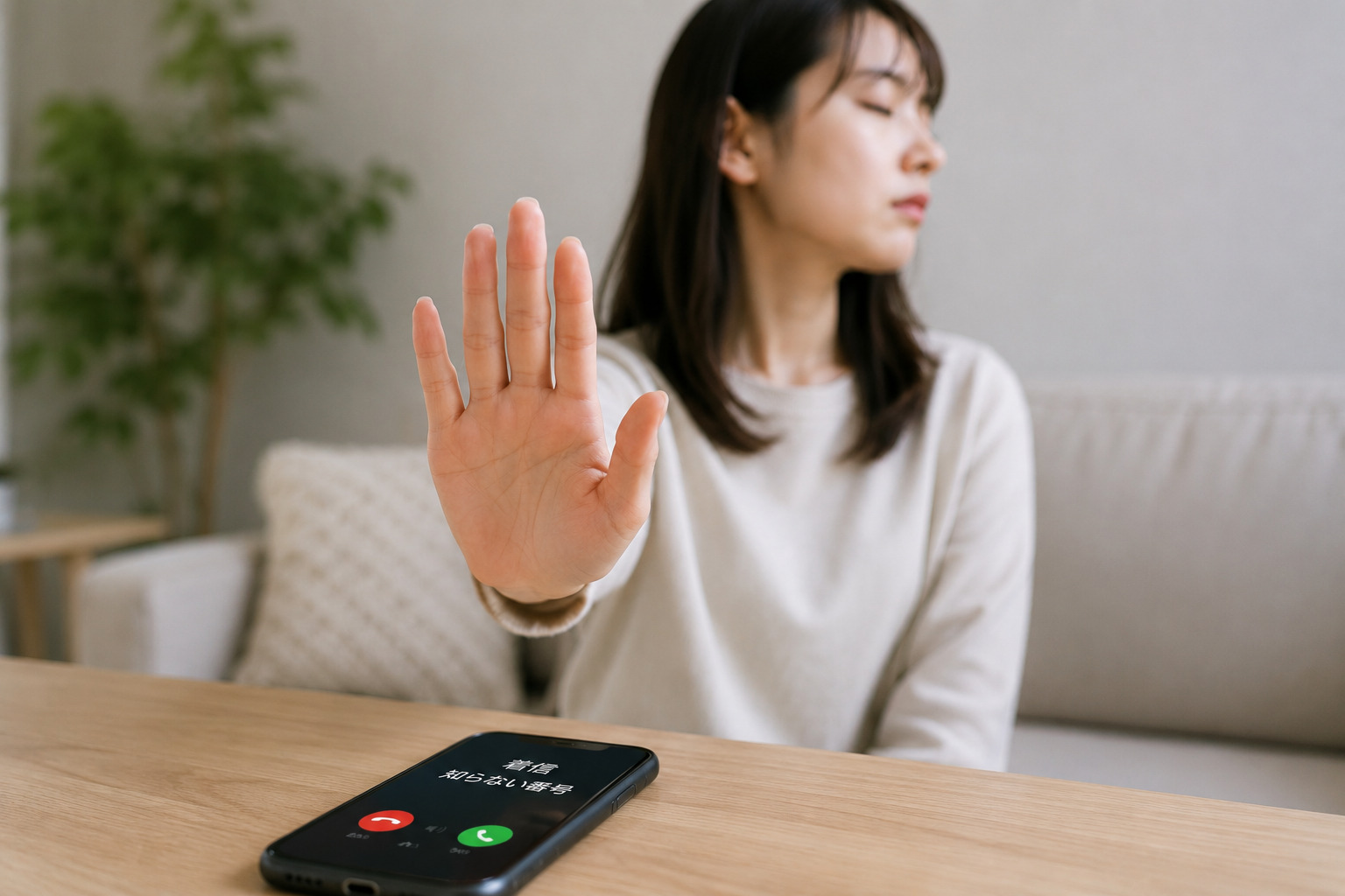 知らない番号からの着信を手のひらで拒否するしぐさをする女性