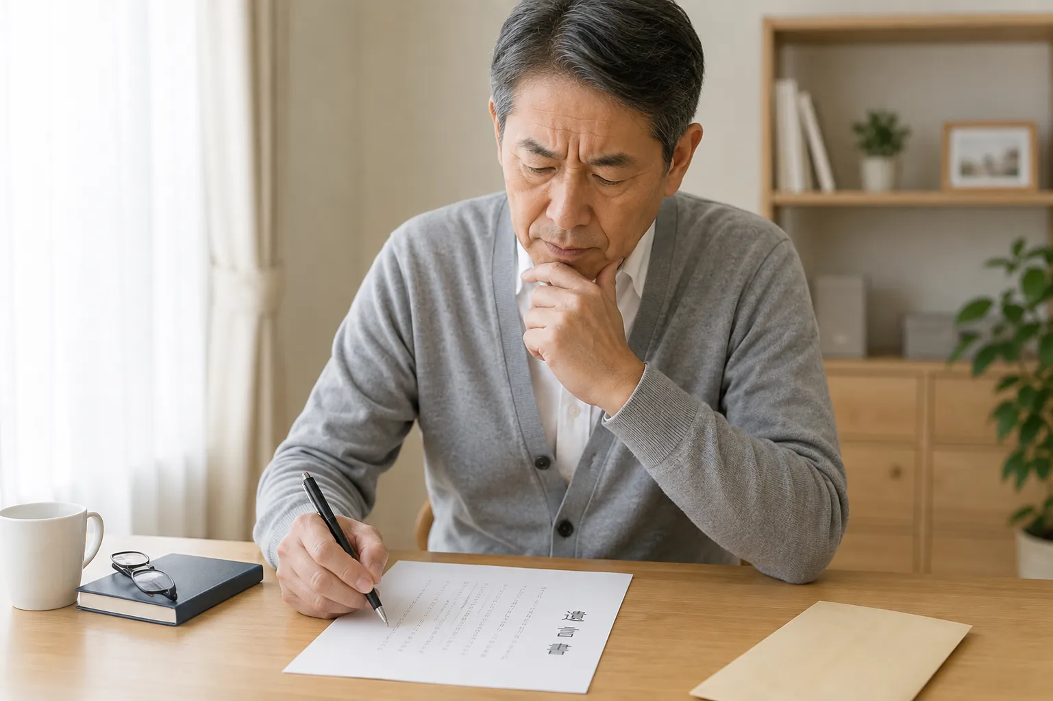 自宅で「遺言書」と書かれた用紙にペンで記入する中高年の男性