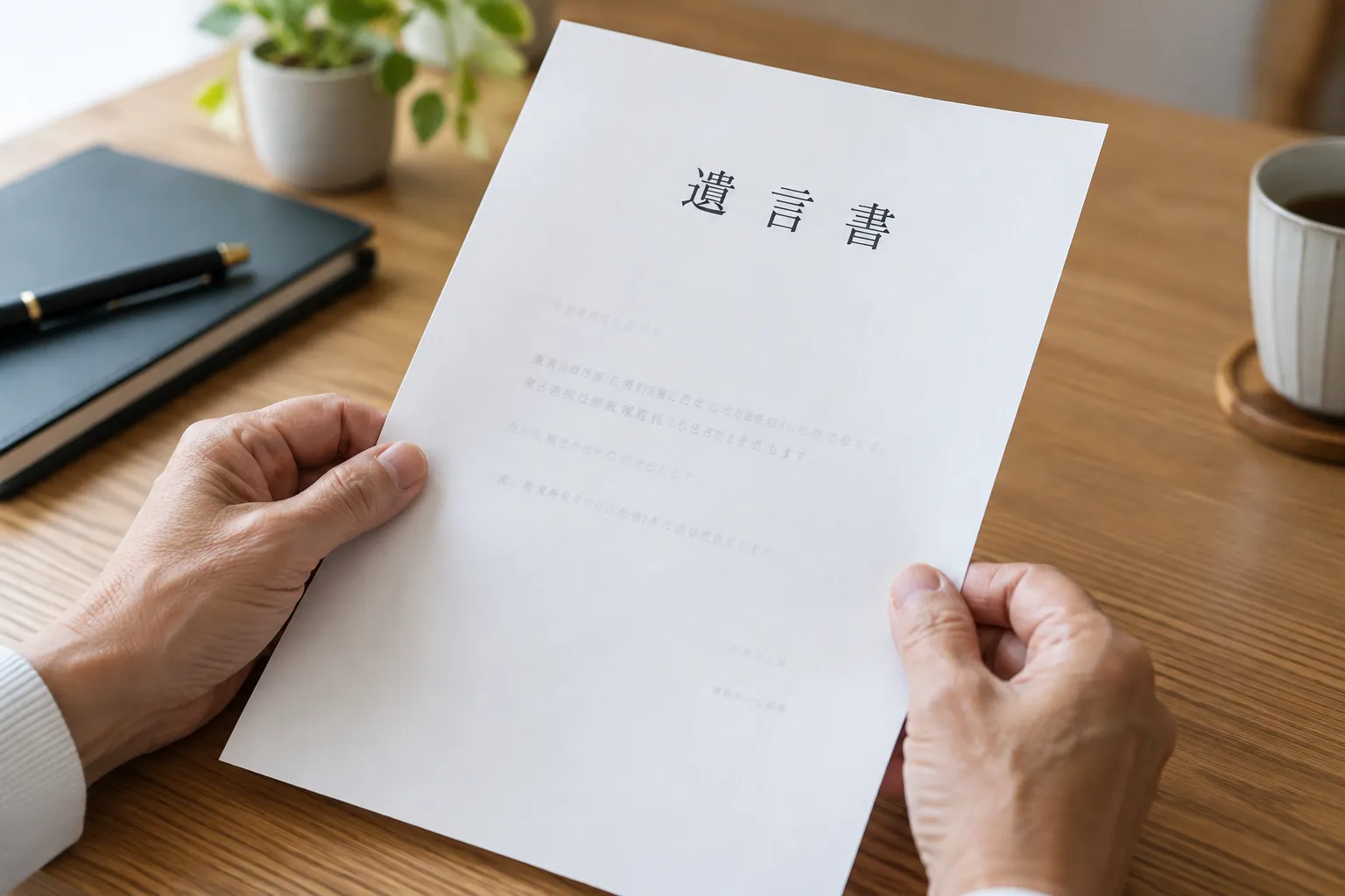 「遺言書」と書かれた用紙を両手で持つ手元